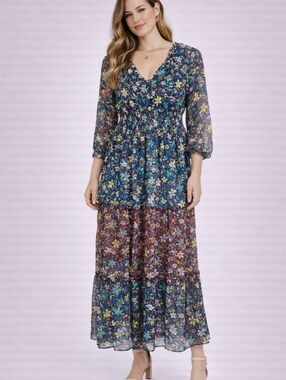 FIGUEROA & Flower Floral Chiffon Maxi Dress V-Neck 3/4 Sleeve Size S